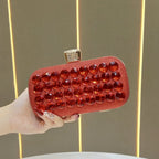 Women's Faceted Rhinestone Evening Clutch with Chain – Red held for scale | BTendance