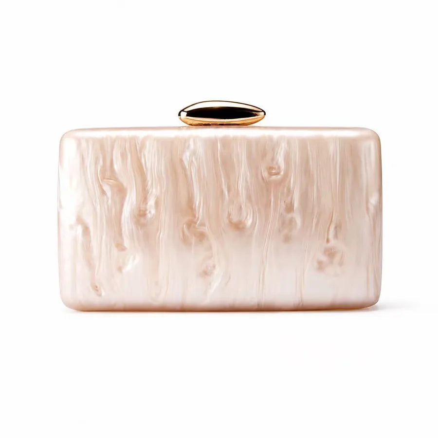 Women's Marbled Acrylic Rectangle Clutch with Oval Clasp – Champagne front | BTendance