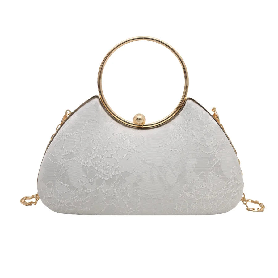 Women's Ring Handle Evening Bag with Floral Texture – White front | BTendance