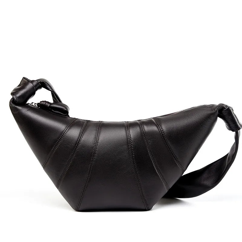 Panelled crescent sling bag – Dark brown bag, front view | BTendance