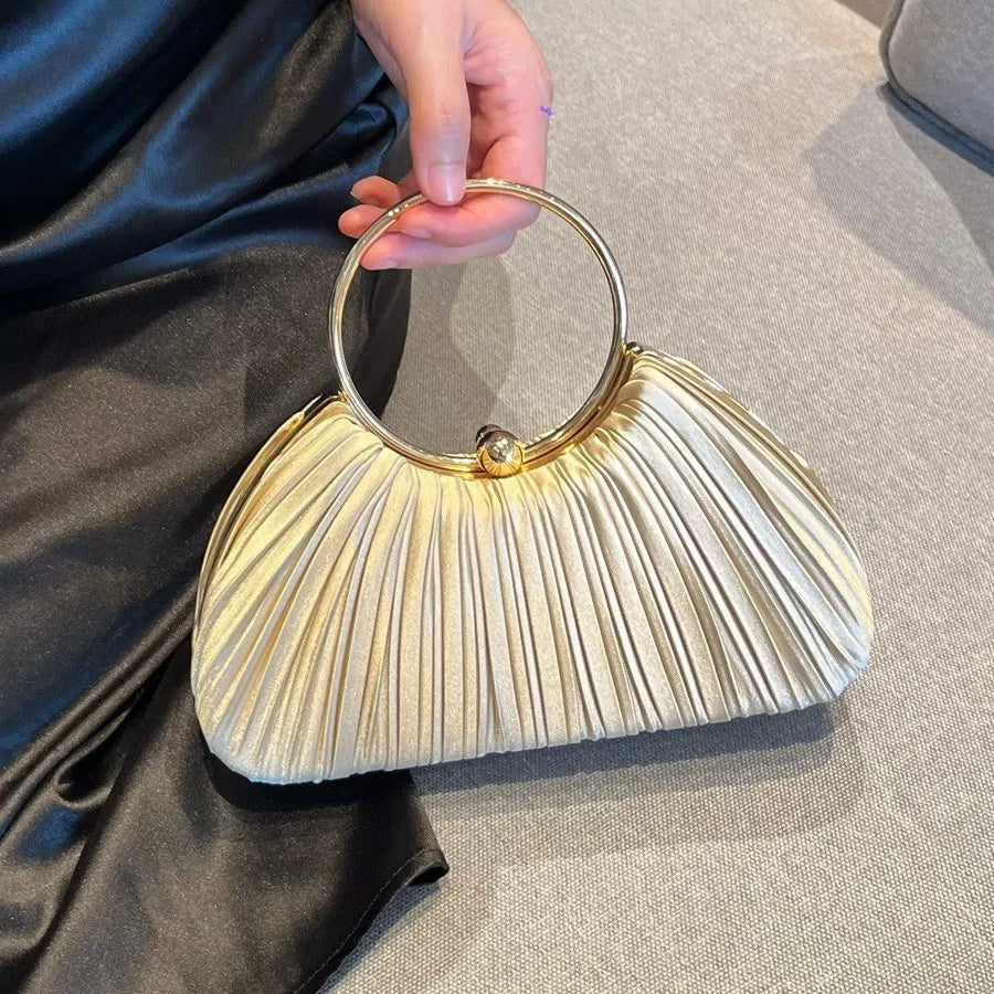 Women's Pleated Polyester Ring Handle Evening Clutch – Apricot front | BTendance