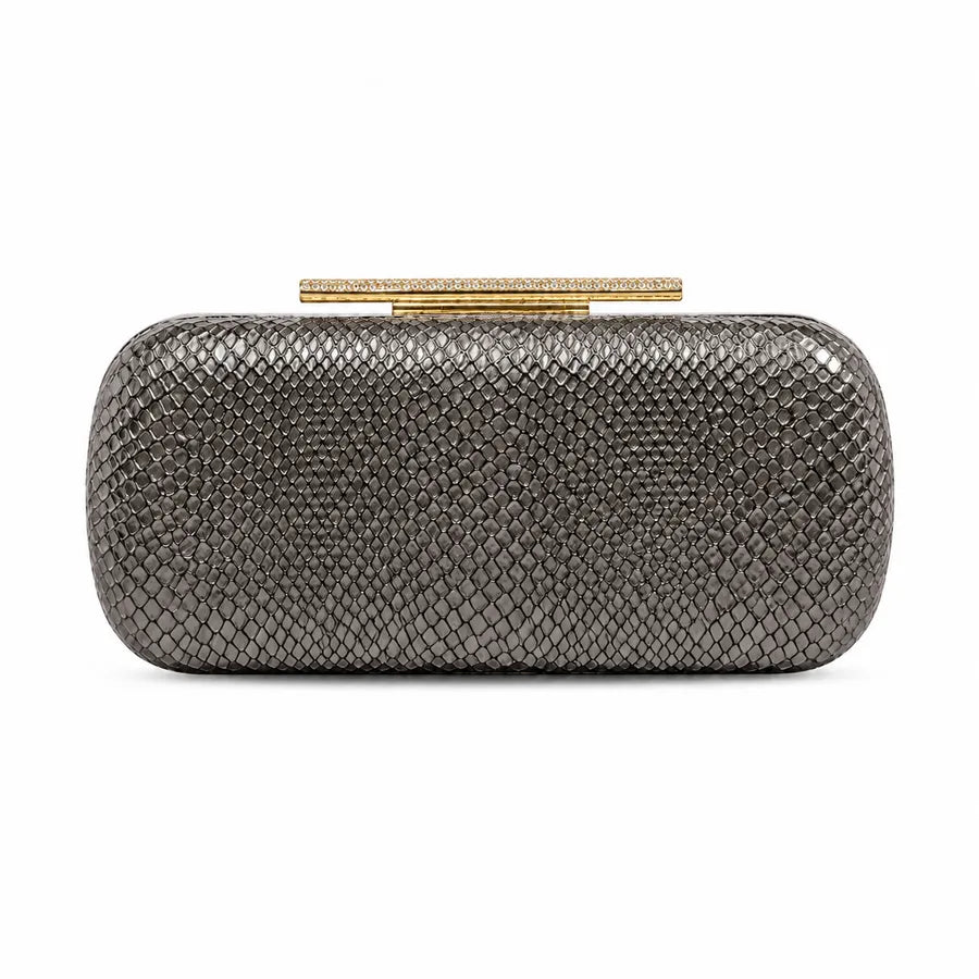 Snakeskin-texture rectangular evening clutch with bar clasp — dark metallic on white background | BTendance