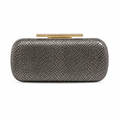 Snakeskin-texture rectangular evening clutch with bar clasp — dark metallic on white background | BTendance