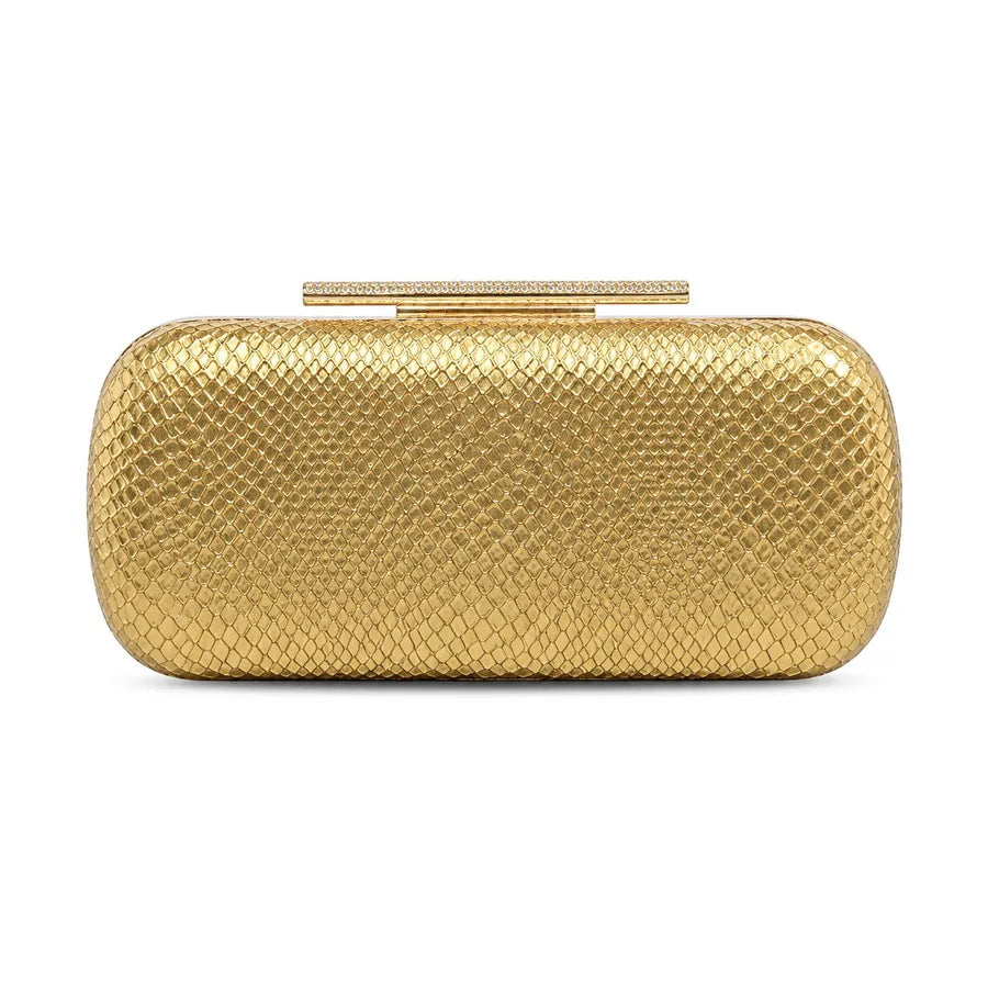 Snakeskin-texture rectangular evening clutch with bar clasp — gold on white background | BTendance
