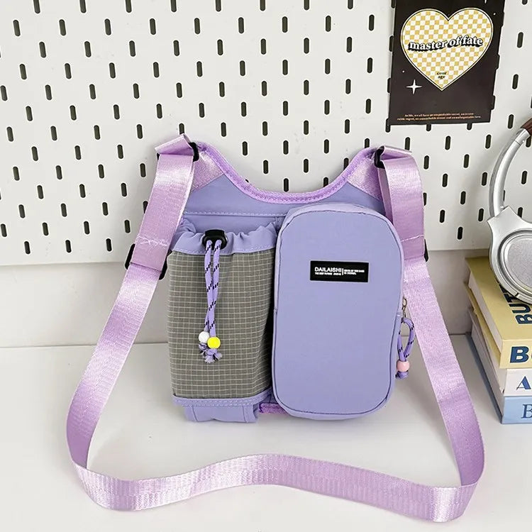 Crossbody bag with mesh bottle pocket and front zip pouch — purple on display | BTendance