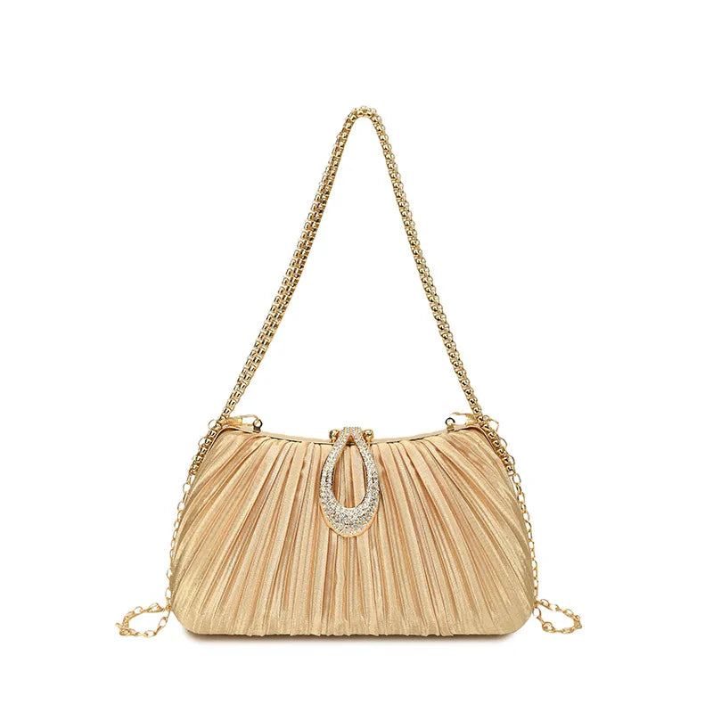 Pleated Evening Bag with Rhinestone Loop Detail – Gold front | BTendance
