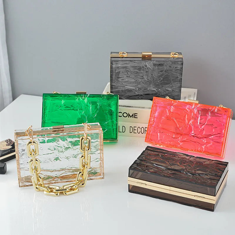 Transparent box bag with gold tone chain – Assorted coloured box bags on display | BTendance