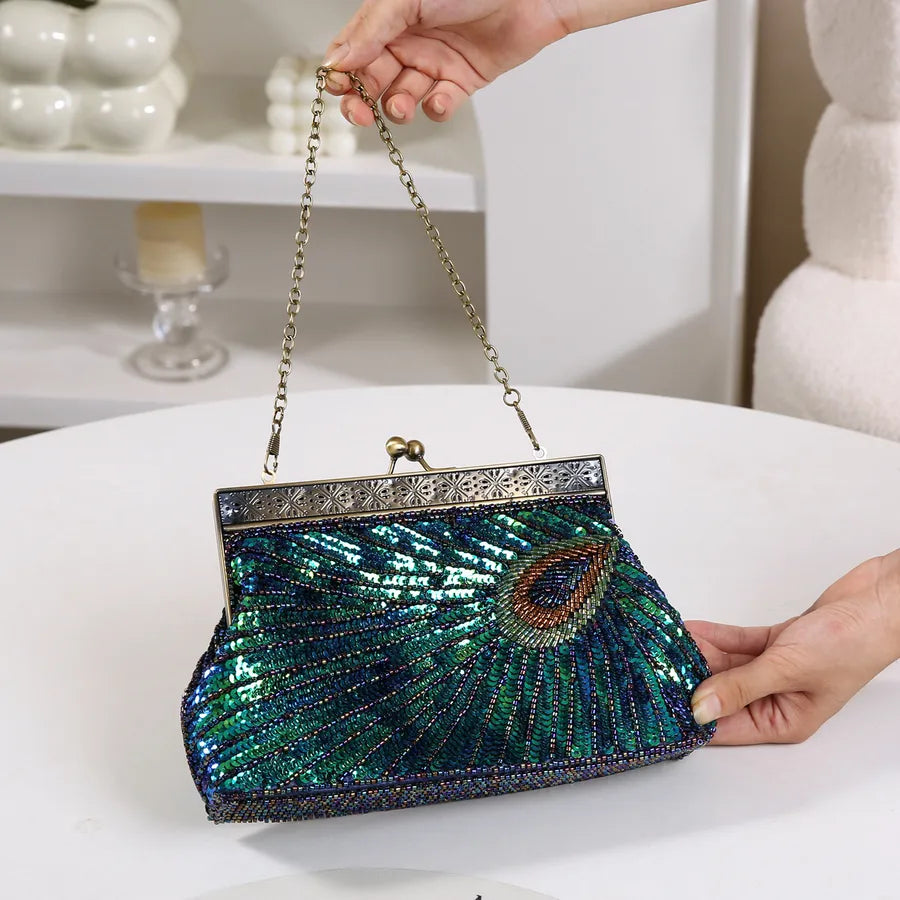 Women's Peacock Beaded Evening Clutch with Kiss Clasp – With chain strap | BTendance