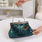 Women's Peacock Beaded Evening Clutch with Kiss Clasp – With chain strap | BTendance