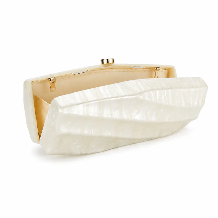 Women's Pearlescent Diagonal Stripe Acrylic Clutch – Open interior | BTendance