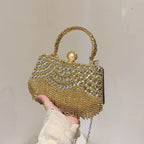 Women's Scalloped Rhinestone Mini Evening Handbag – Gold held for scale | BTendance