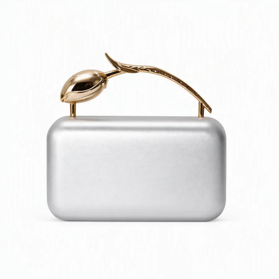 Rectangular evening clutch — silver with sculptural tulip handle | BTendance