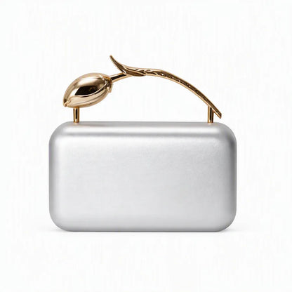 Rectangular evening clutch — silver with sculptural tulip handle | BTendance