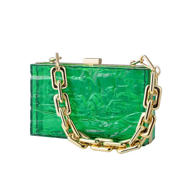 Transparent box bag with gold tone chain – Green bag on white background | BTendance