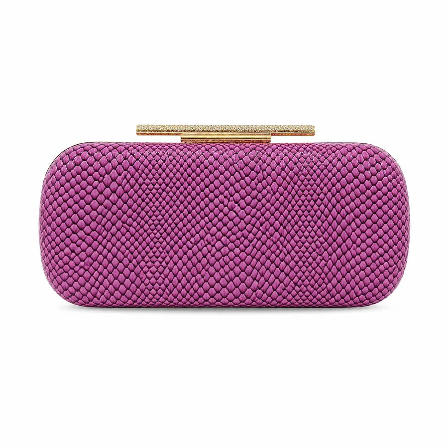 Snakeskin-texture rectangular evening clutch with bar clasp — purple on white background | BTendance