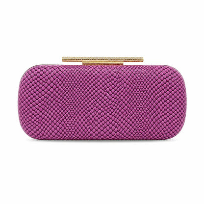 Snakeskin-texture rectangular evening clutch with bar clasp — purple on white background | BTendance