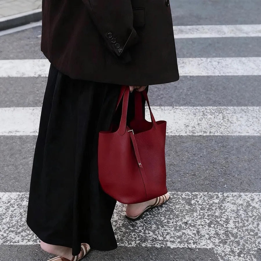 Red Faux Leather Top Handle Bucket Bag — product view | BTendance
