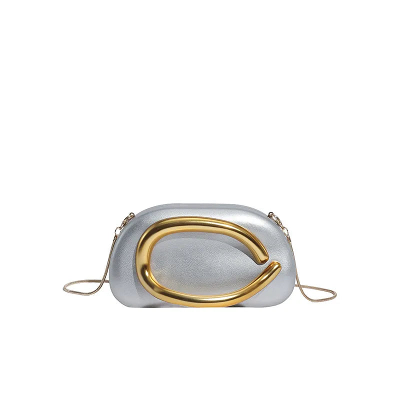 Women's Oval Faux Leather Clutch with Sculptural Metal Accent – Silver front | BTendance