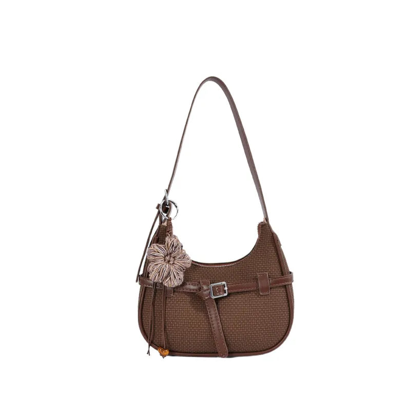 Buckle shoulder bag with floral charm – Brown bag, front view | BTendance