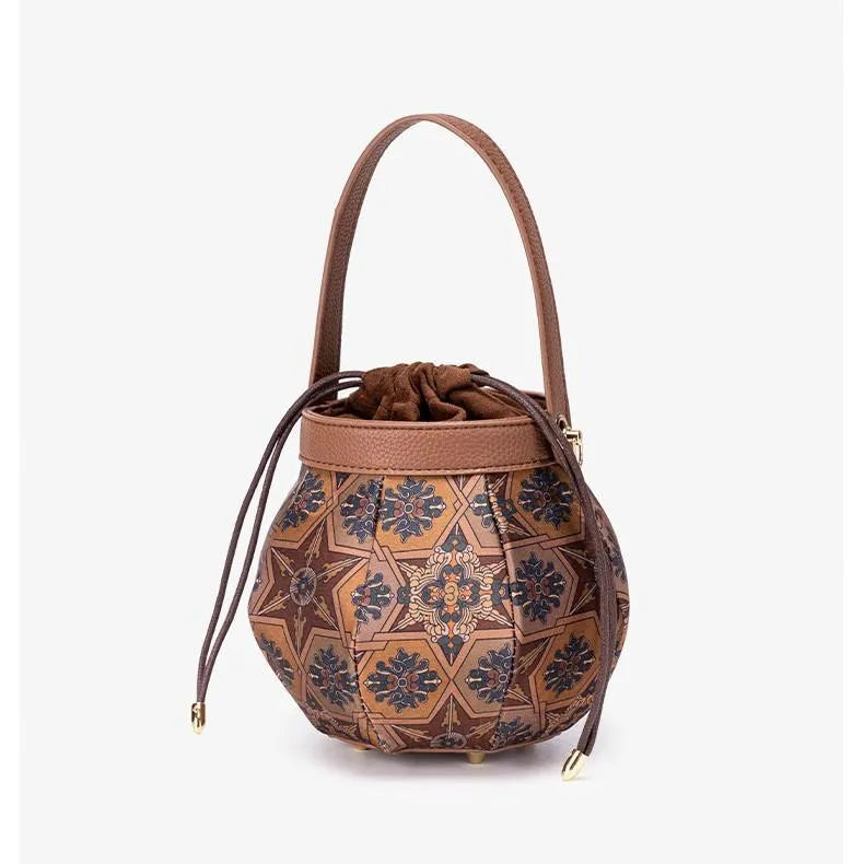 Embroidered drawstring bucket bag – Brown patterned bag with upright handle | BTendance