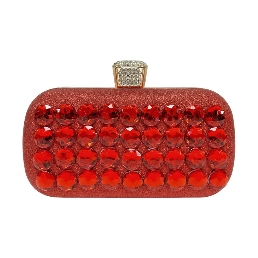 Women's Faceted Rhinestone Evening Clutch with Chain – Red front | BTendance