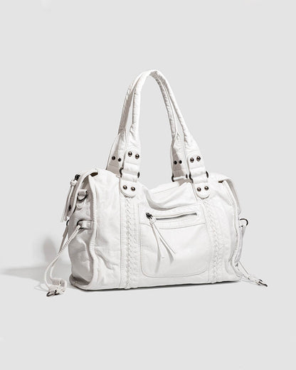 Vegan Leather Shoulder Bag – Arabell Braided Detail — White, front view | BTendance