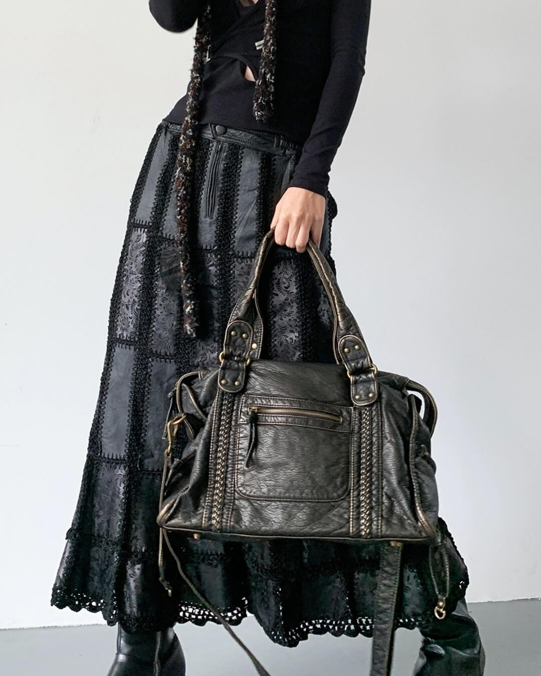 Vegan Leather Shoulder Bag – Arabell Braided Detail — Black, handles and front pockets | BTendance