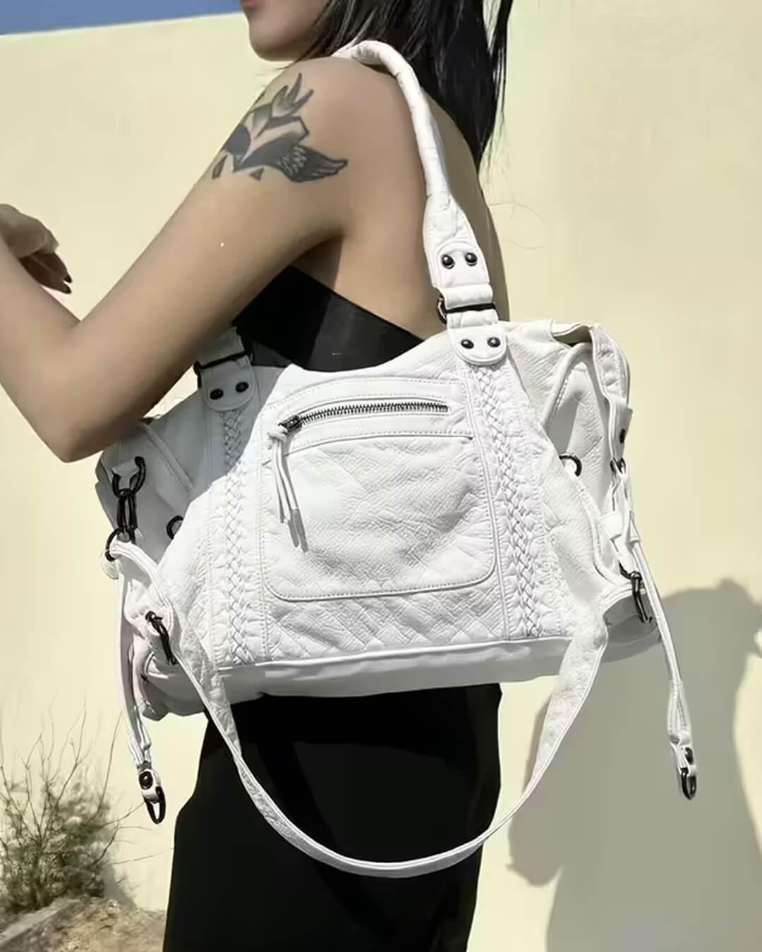 Vegan Leather Shoulder Bag – Arabell Braided Detail — White, shoulder carrying | BTendance