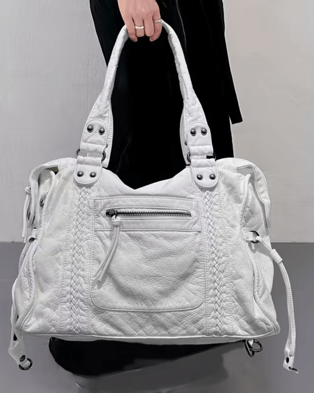 Vegan Leather Shoulder Bag – Arabell Braided Detail — White, hand carrying | BTendance