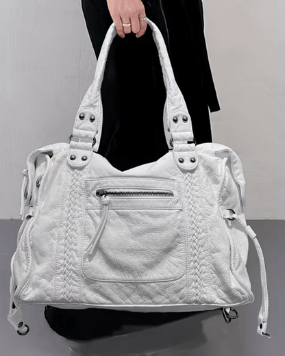 Vegan Leather Shoulder Bag – Arabell Braided Detail — White, hand carrying | BTendance