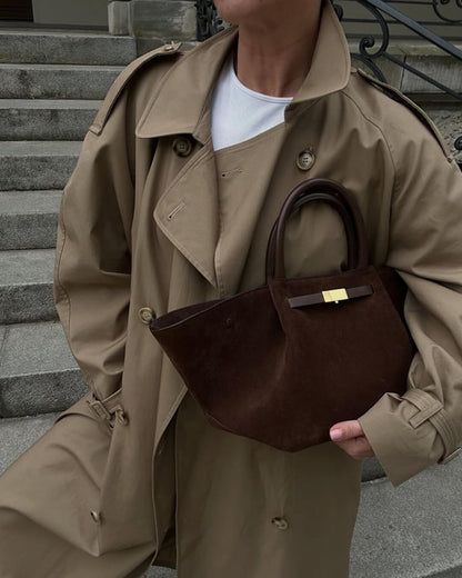 Faux Suede Handbag – Mathilde with Detachable Strap — Dark Brown, front styling with coat | BTendance
