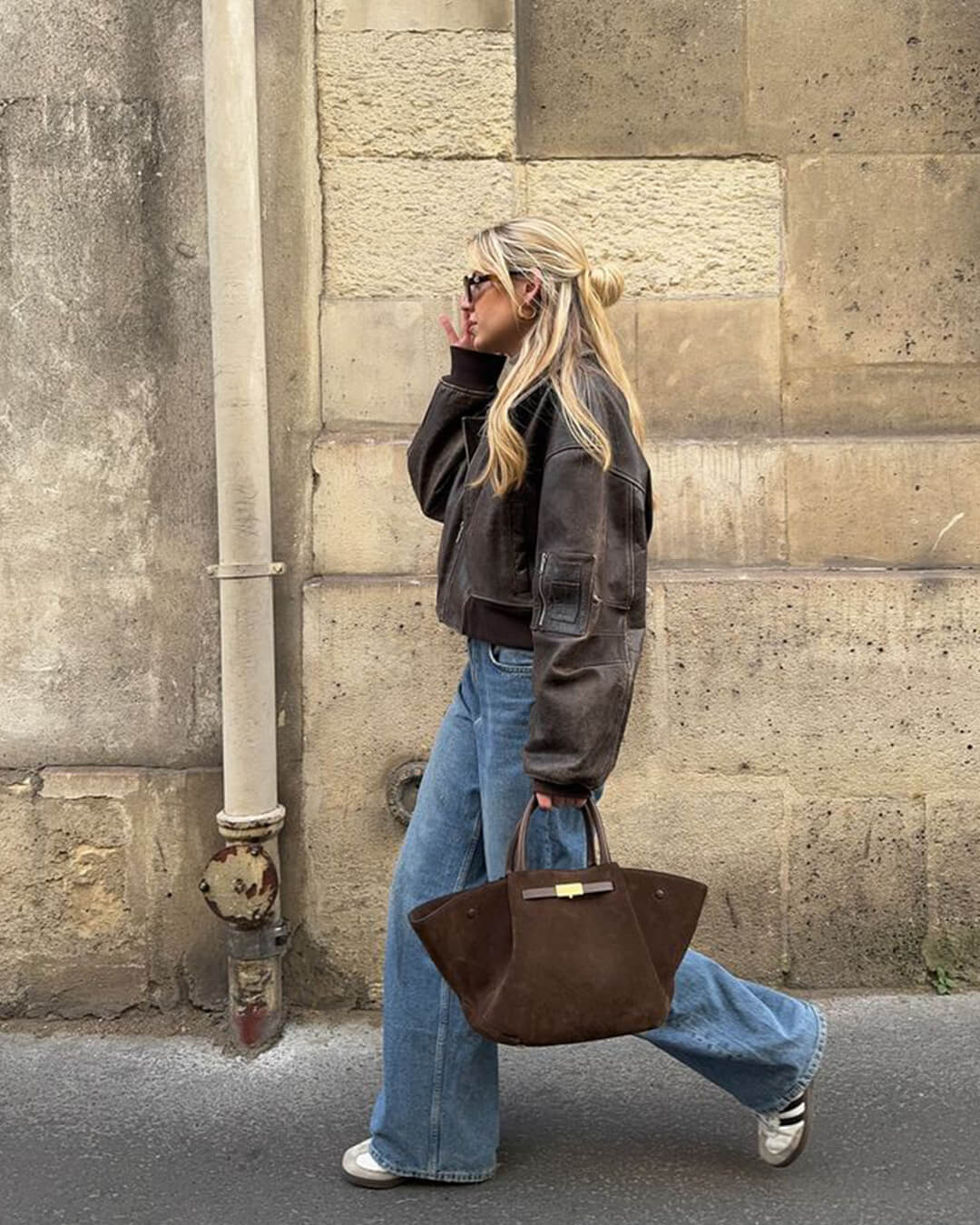 Faux Suede Handbag – Mathilde with Detachable Strap — Dark Brown, walking with bag | BTendance