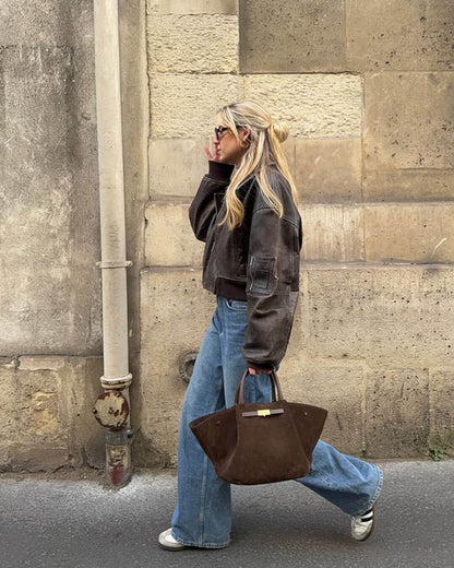 Faux Suede Handbag – Mathilde with Detachable Strap — Dark Brown, walking with bag | BTendance