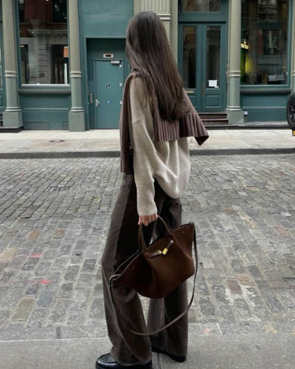Faux Suede Handbag – Mathilde with Detachable Strap — Dark Brown, side carrying | BTendance