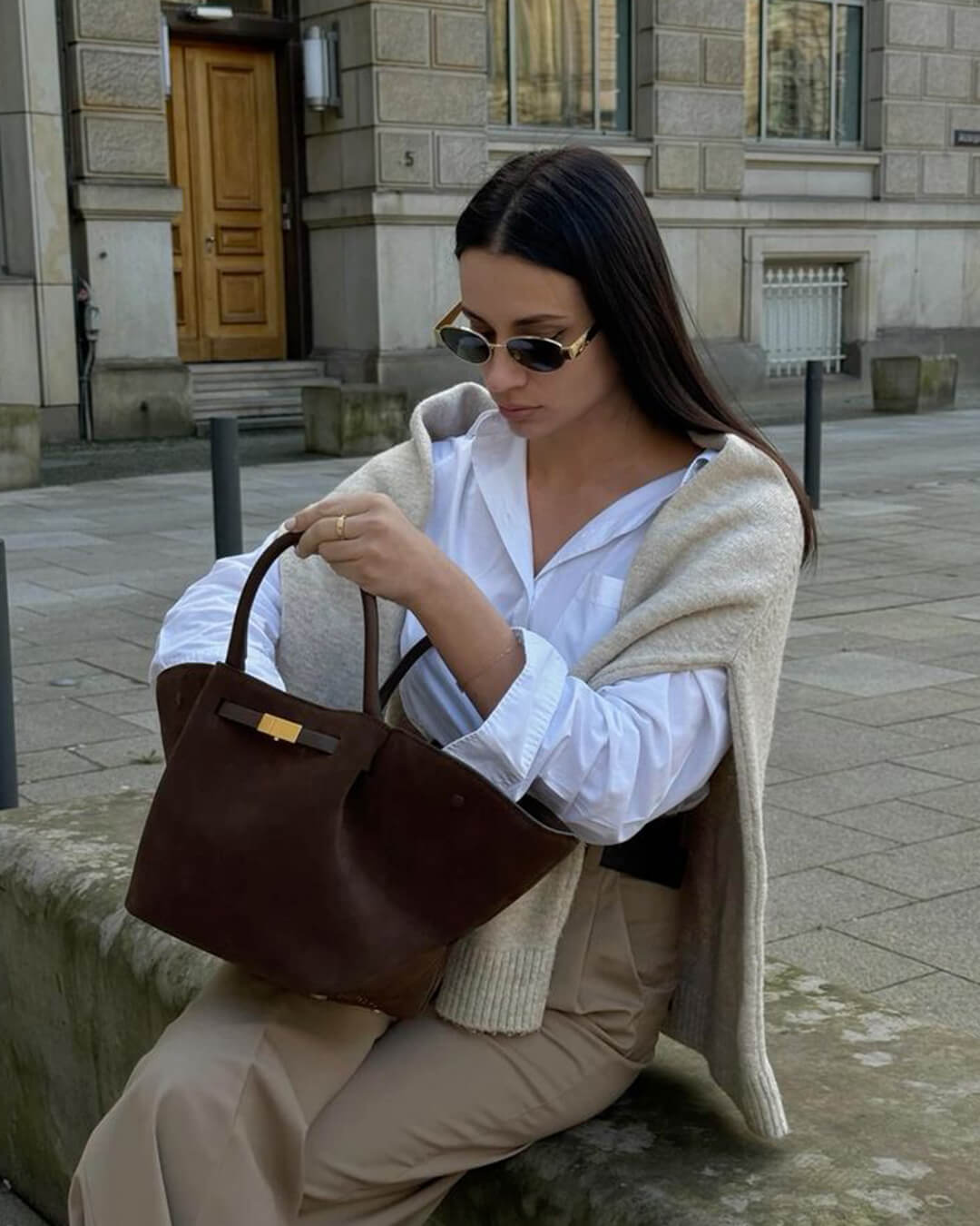 Faux Suede Handbag – Mathilde with Detachable Strap — Dark Brown, hand carrying | BTendance