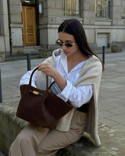 Faux Suede Handbag – Mathilde with Detachable Strap — Dark Brown, hand carrying | BTendance