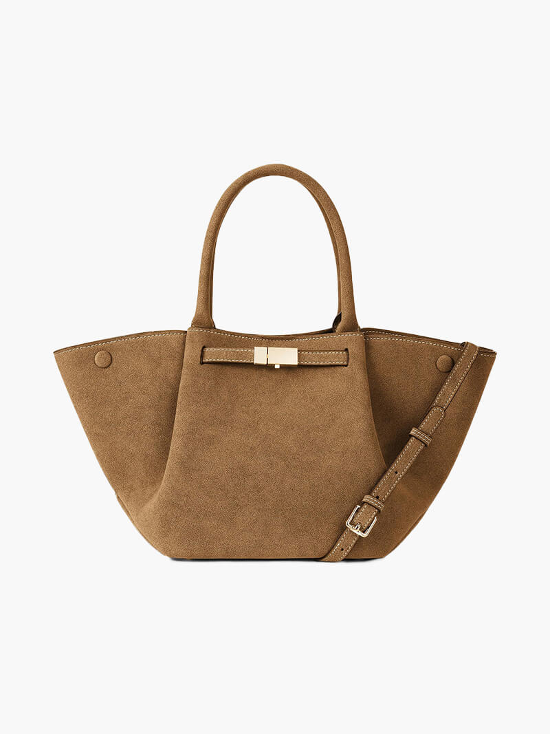 Faux Suede Handbag – Mathilde with Detachable Strap — Light Brown, front with detachable strap | BTendance