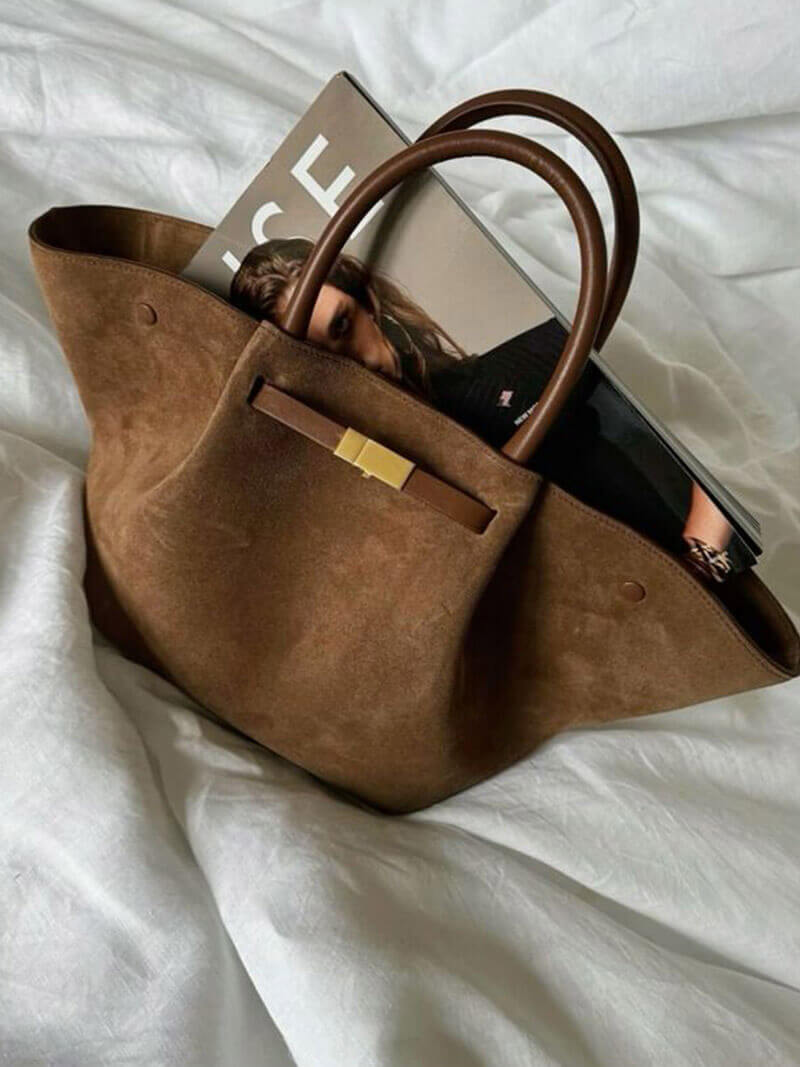 Faux Suede Handbag – Mathilde with Detachable Strap — Light Brown, angled close-up | BTendance
