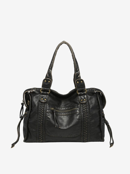 Vegan Leather Shoulder Bag – Arabell Braided Detail — Black, front view | BTendance