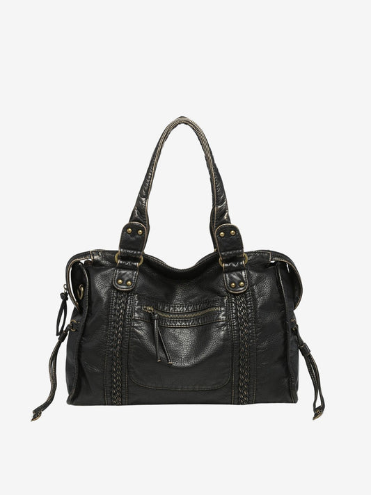 Vegan Leather Shoulder Bag – Arabell Braided Detail — Black, front view | BTendance