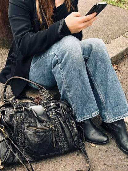 Vegan Leather Shoulder Bag – Arabell Braided Detail — Black, seated outfit styling | BTendance