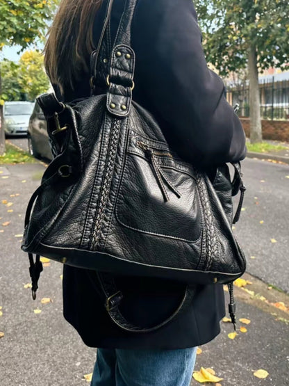 Vegan Leather Shoulder Bag – Arabell Braided Detail — Black, shoulder carrying outdoors | BTendance