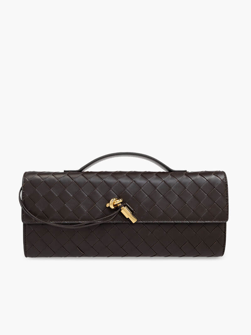Woven Vegan Leather Baguette Bag – Bianca Gold-Tone Toggle — Coffee, front view | BTendance