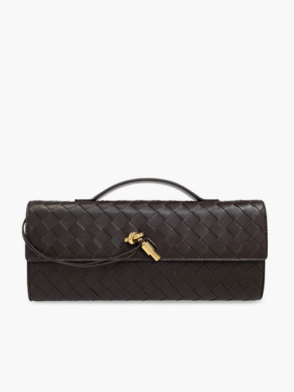 Woven Vegan Leather Baguette Bag – Bianca Gold-Tone Toggle — Coffee, front view | BTendance