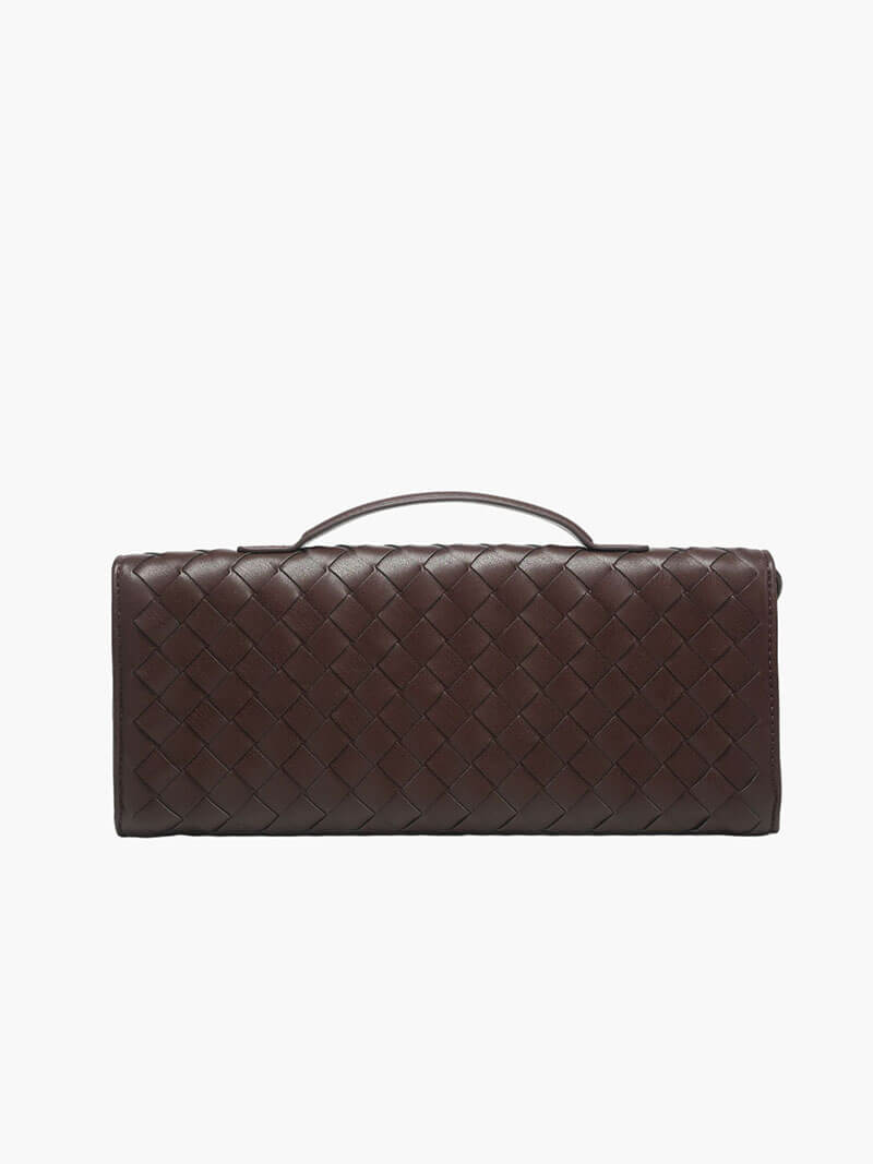 Woven Vegan Leather Baguette Bag – Bianca Gold-Tone Toggle — Coffee, back view | BTendance