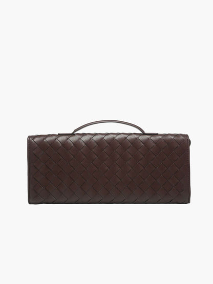 Woven Vegan Leather Baguette Bag – Bianca Gold-Tone Toggle — Coffee, back view | BTendance
