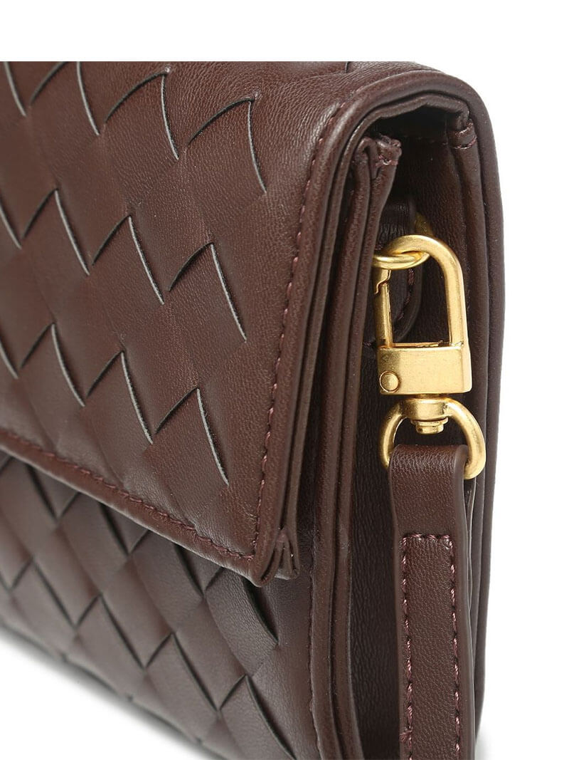 Woven Vegan Leather Baguette Bag – Bianca Gold-Tone Toggle — Coffee, strap attachment close-up | BTendance