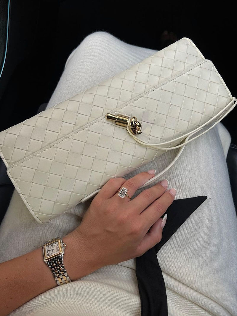 Woven Vegan Leather Baguette Bag – Bianca Gold-Tone Toggle — Creme, hand-held view | BTendance