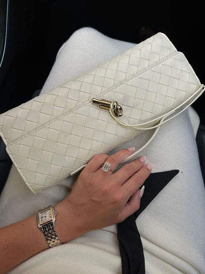 Woven Vegan Leather Baguette Bag – Bianca Gold-Tone Toggle — Creme, hand-held view | BTendance