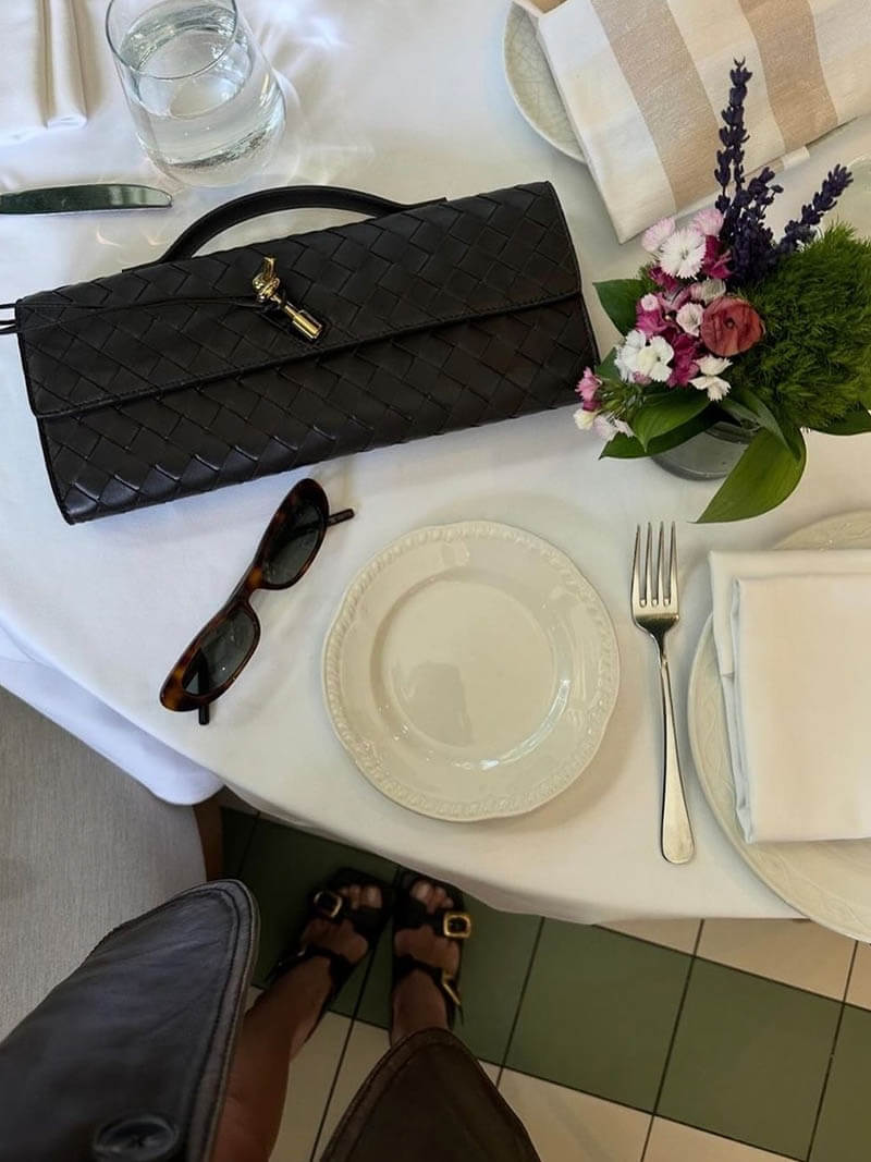 Woven Vegan Leather Baguette Bag – Bianca Gold-Tone Toggle — Black, tabletop styling | BTendance